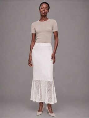 COS Ivory Rib Knit Lace-Stitch Midi Skirt XS Minimalist